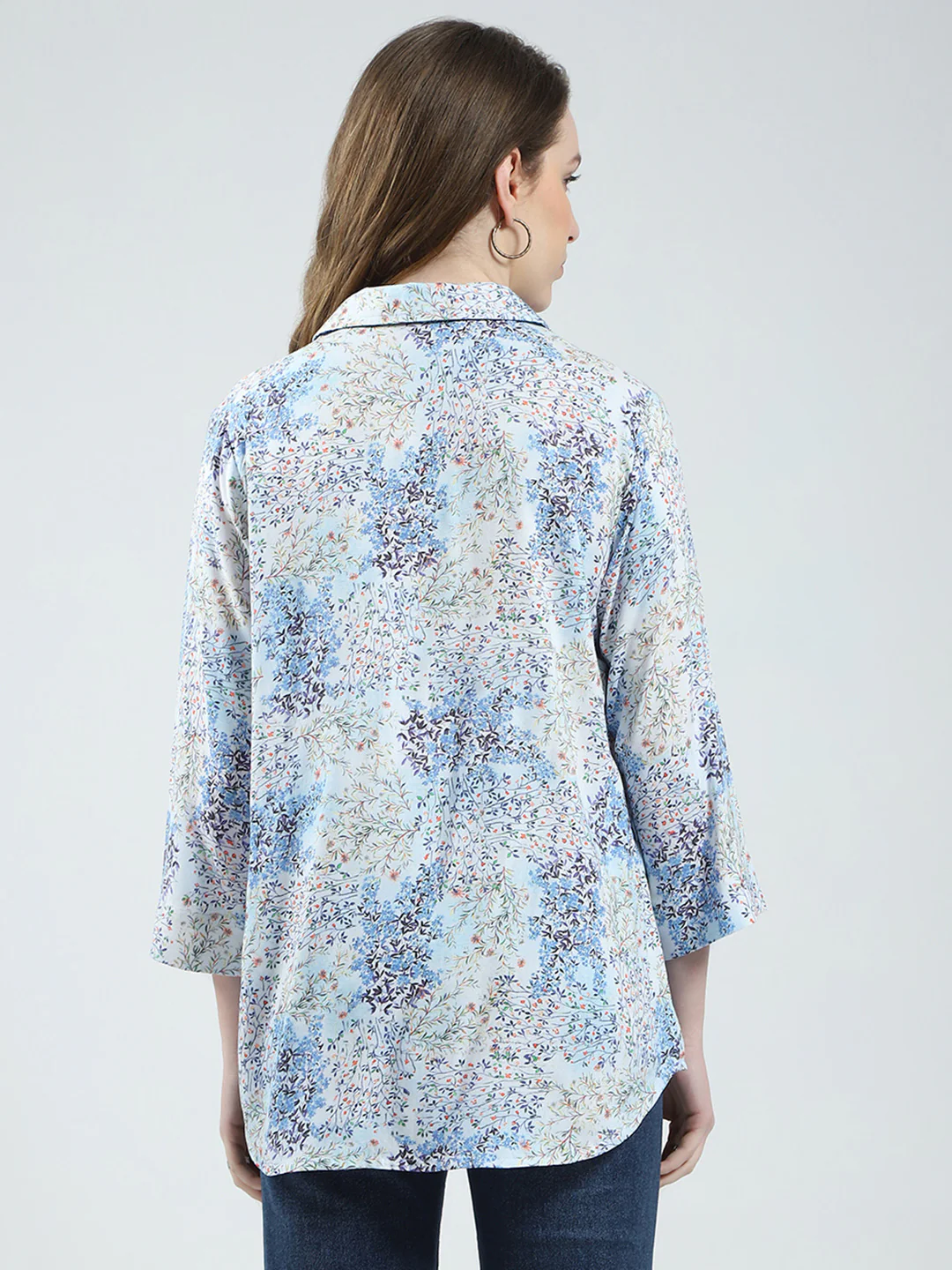 Women Blue Printed Collar 3/4th Sleeve Top - Image 5