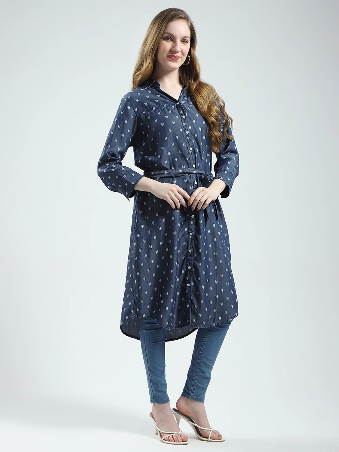 Women Blue Printed Collar 3/4th Sleeve Tunic - Image 4
