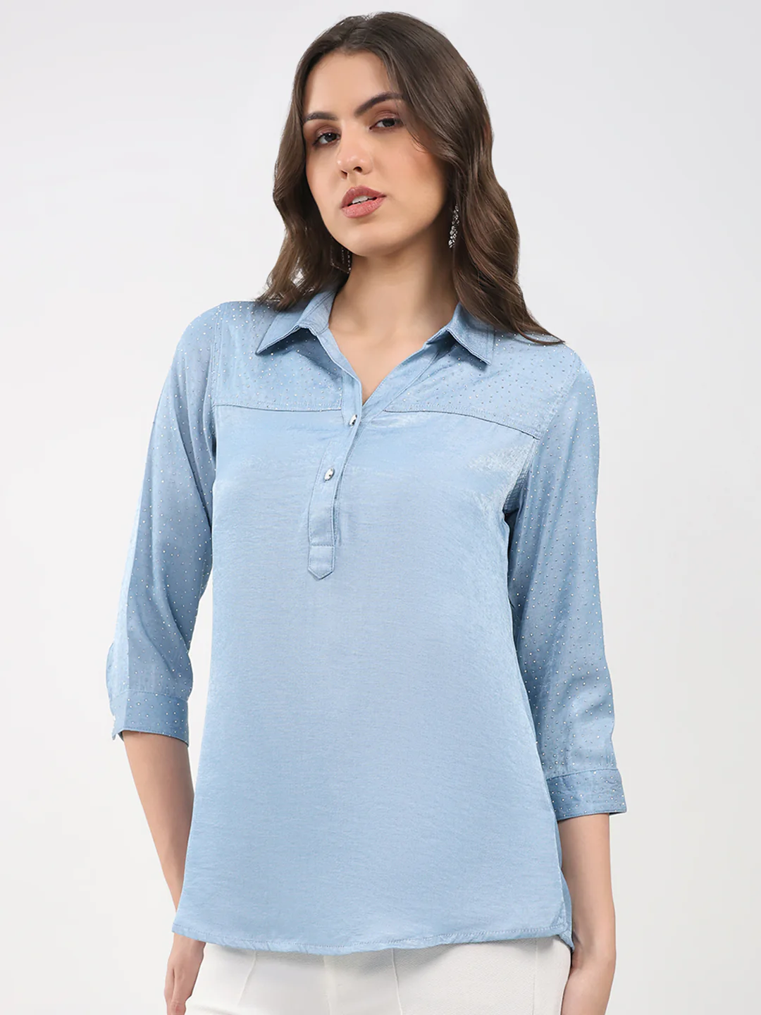 Women Blue Printed Collar 3/4th Sleeve Winter Top - Image 3