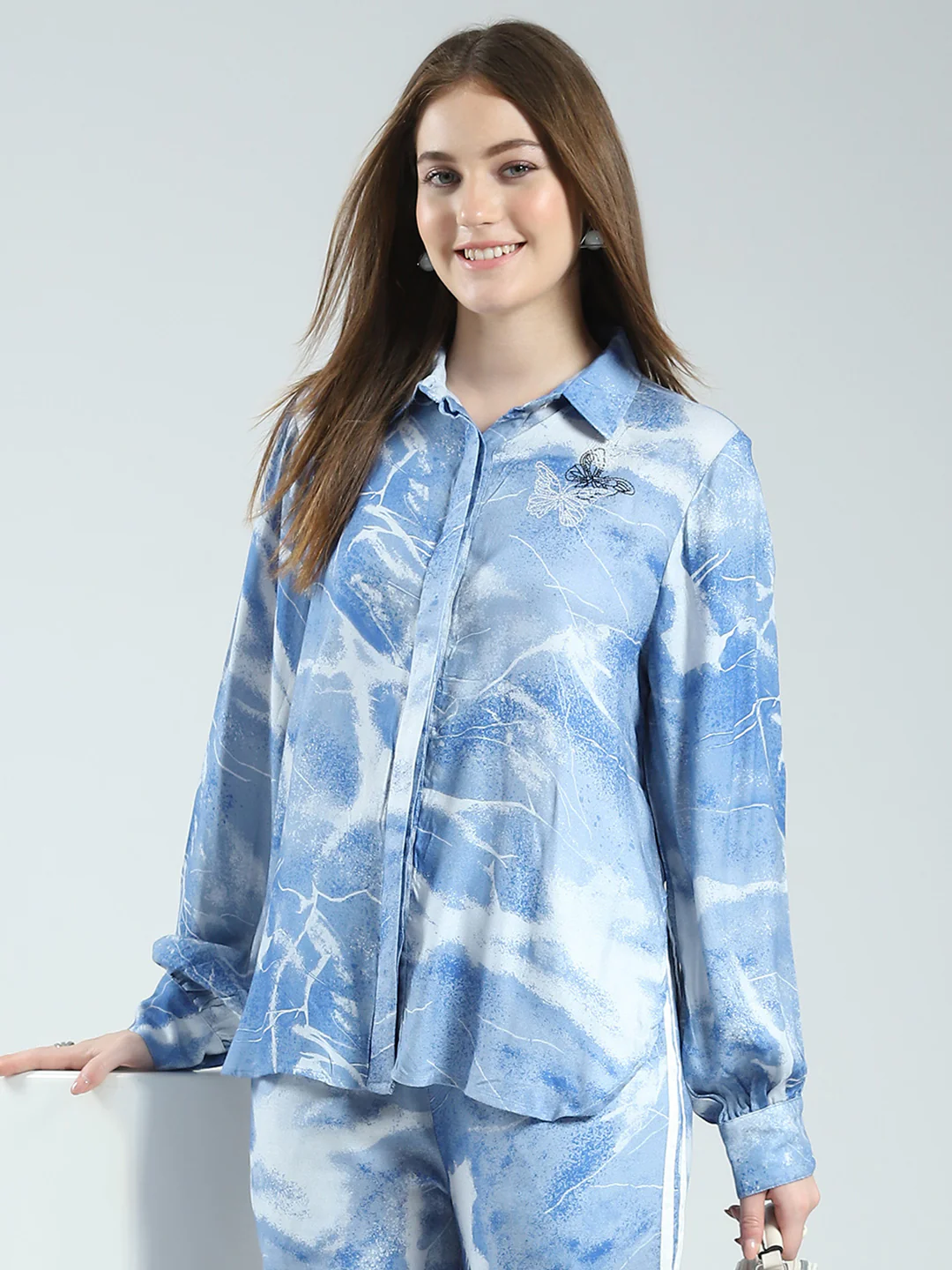 Women Blue Printed Collar Full Sleeve Cords Set - Image 6