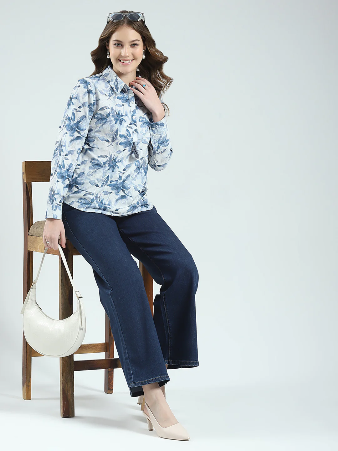 Women Blue Printed Collar Full Sleeve Top - Image 2