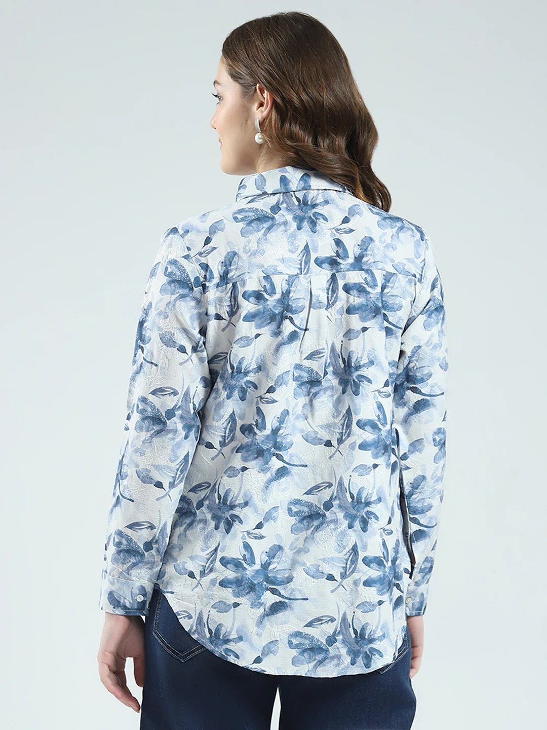 Women Blue Printed Collar Full Sleeve Top - Image 5