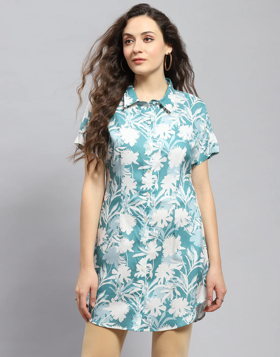 Women Blue Printed Collar Half Sleeve Tunic - Image 3