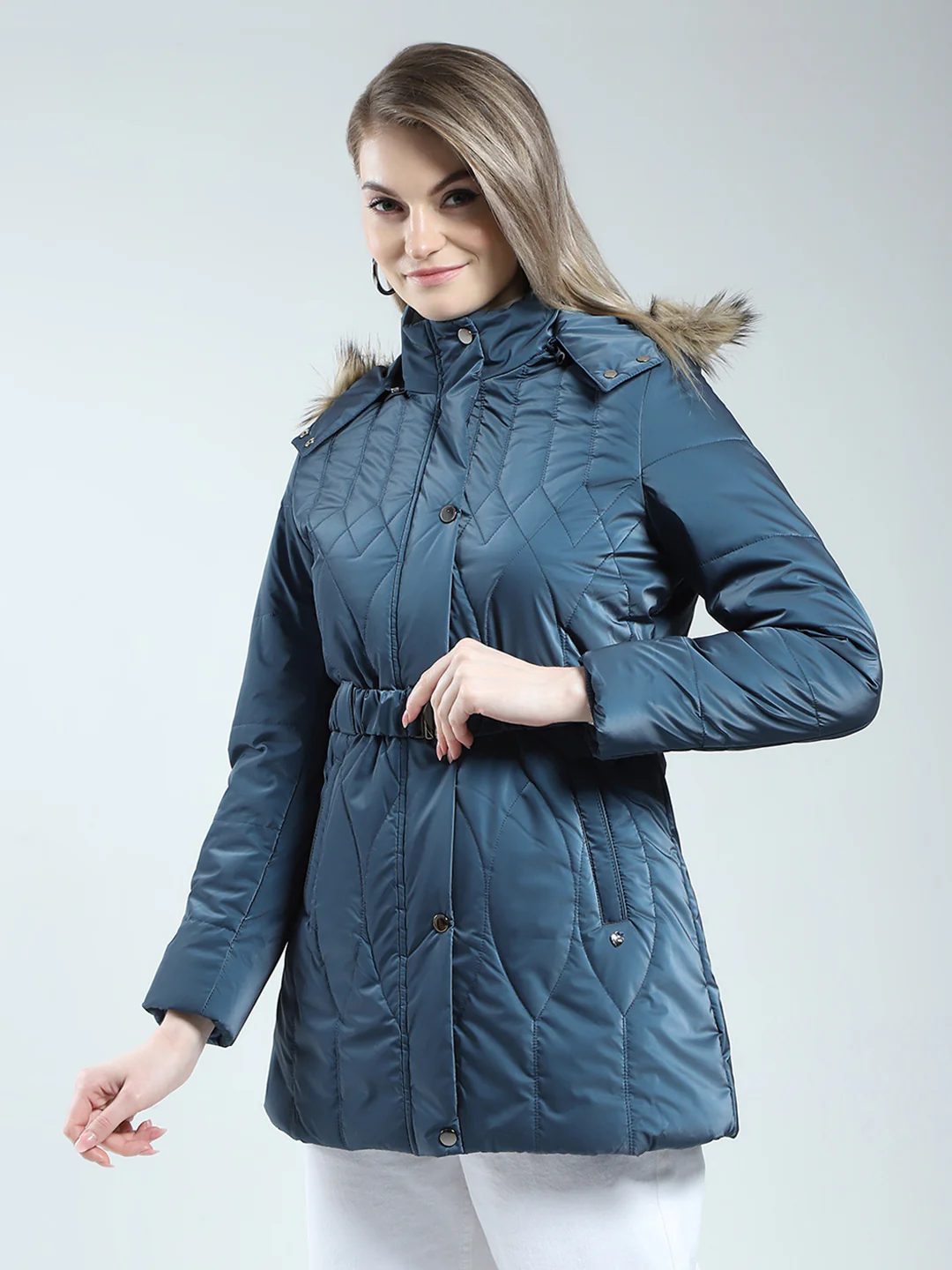Women Blue Printed Detachable Hood Full Sleeve Jacket - Image 3
