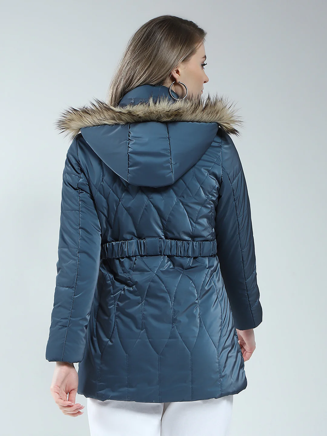 Women Blue Printed Detachable Hood Full Sleeve Jacket - Image 5