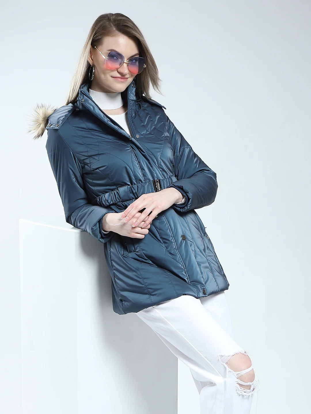 Women Blue Printed Detachable Hood Full Sleeve Jacket - Image 6