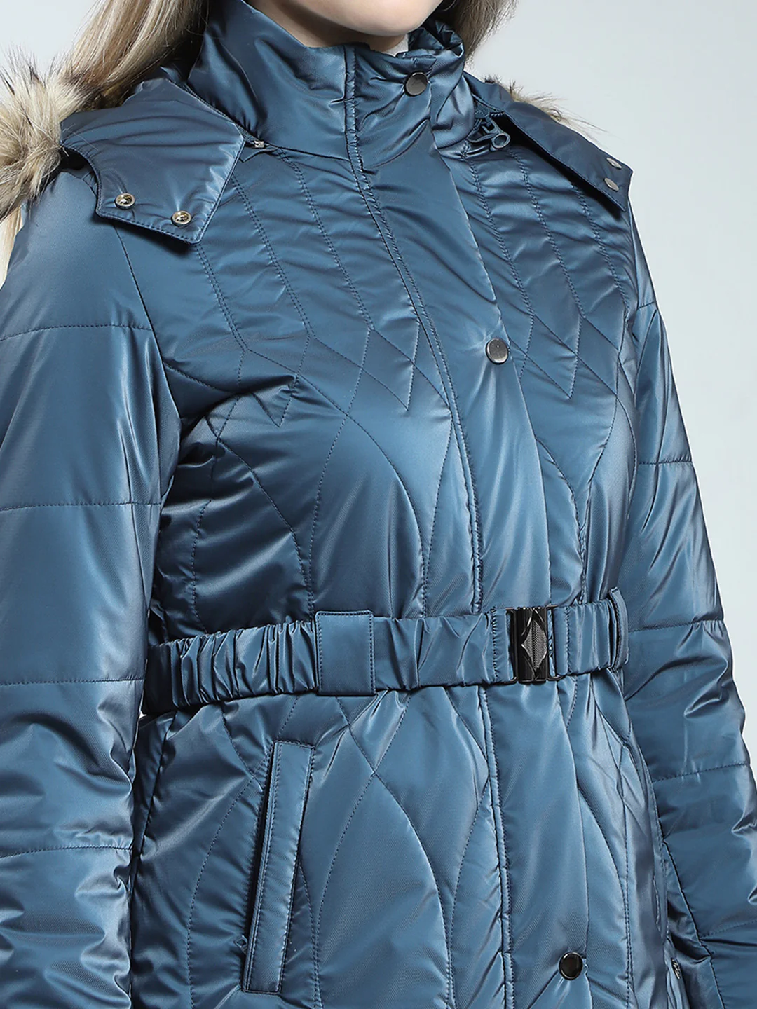 Women Blue Printed Detachable Hood Full Sleeve Jacket - Image 7