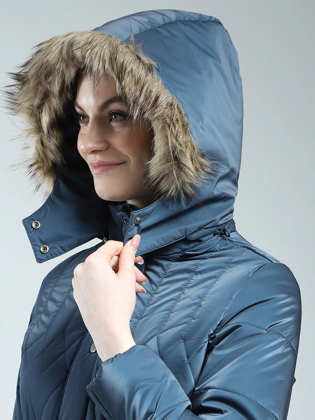 Women Blue Printed Detachable Hood Full Sleeve Jacket - Image 8