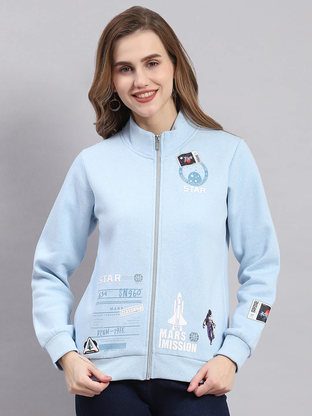 Women Blue Printed F Neck Full Sleeve Sweatshirts - Image 3