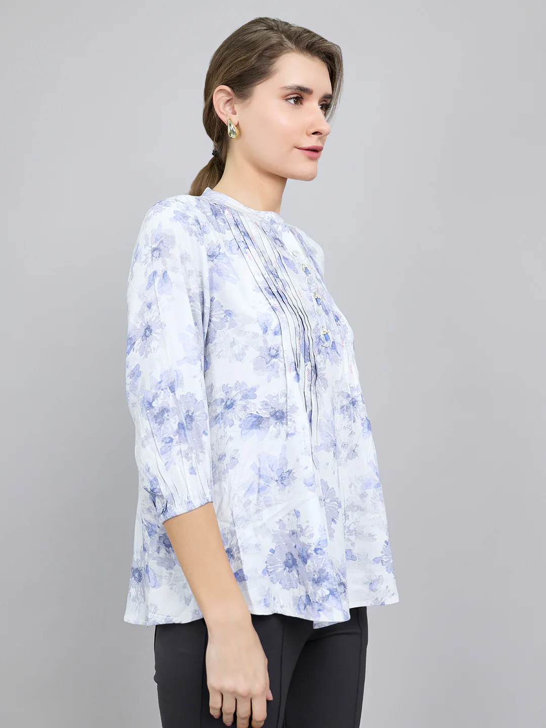 Women Blue Printed Fashion Neck 3/4th Sleeve Top - Image 3