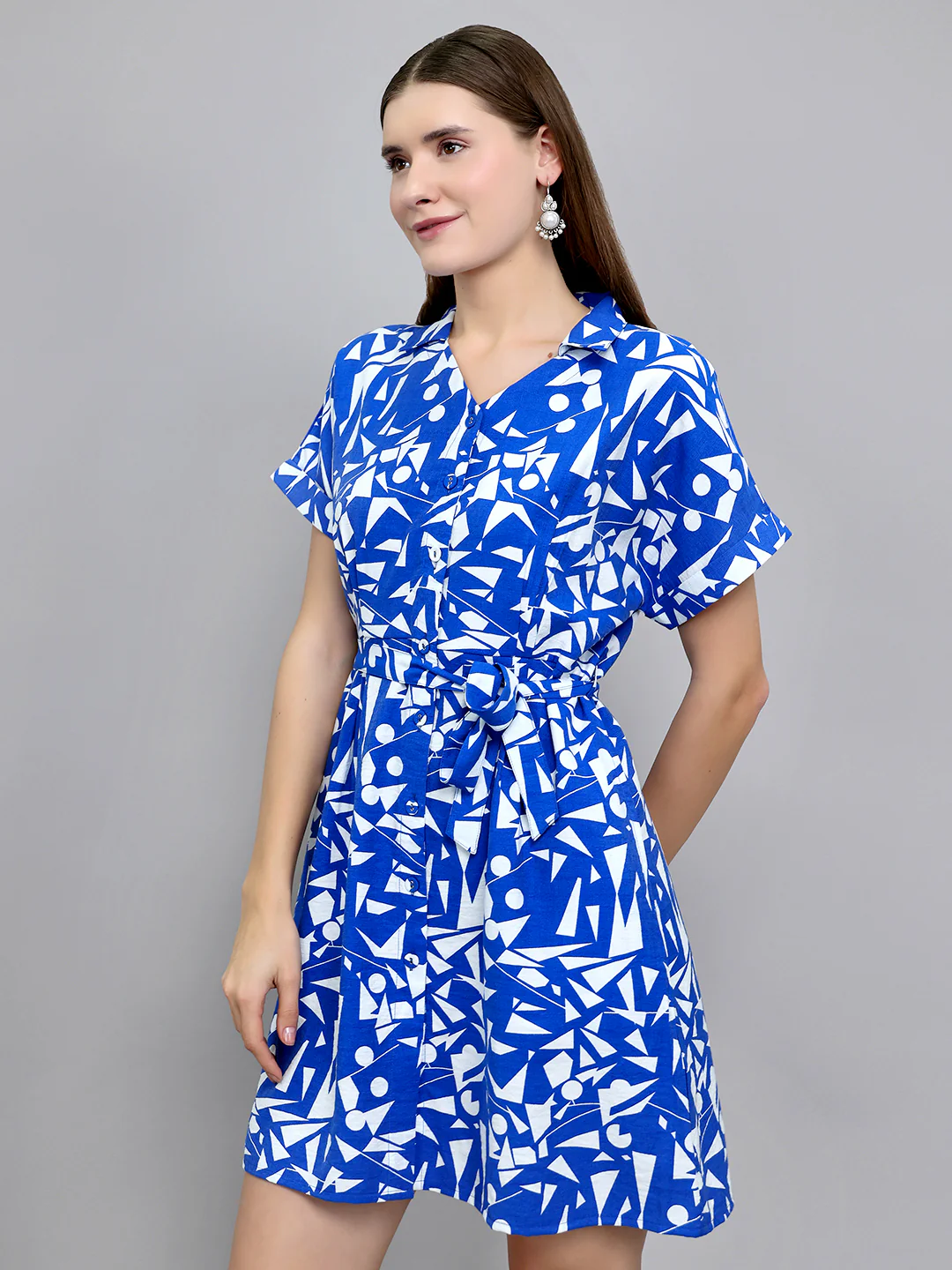 Women Blue Printed Fashion Neck Half Sleeve Tunic - Image 2