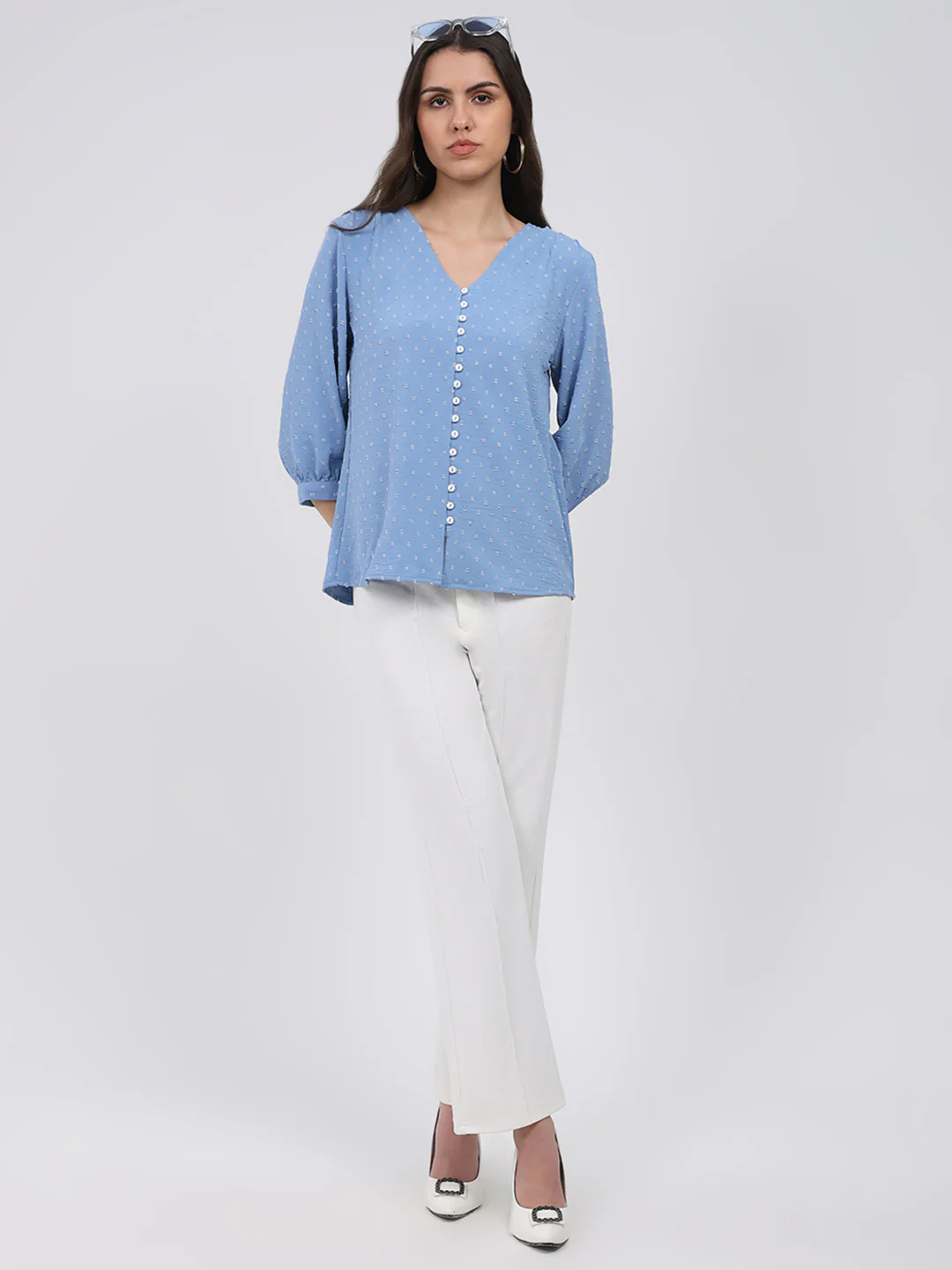 Women Blue Printed Front Open 3/4th Sleeve Winter Top - Image 2
