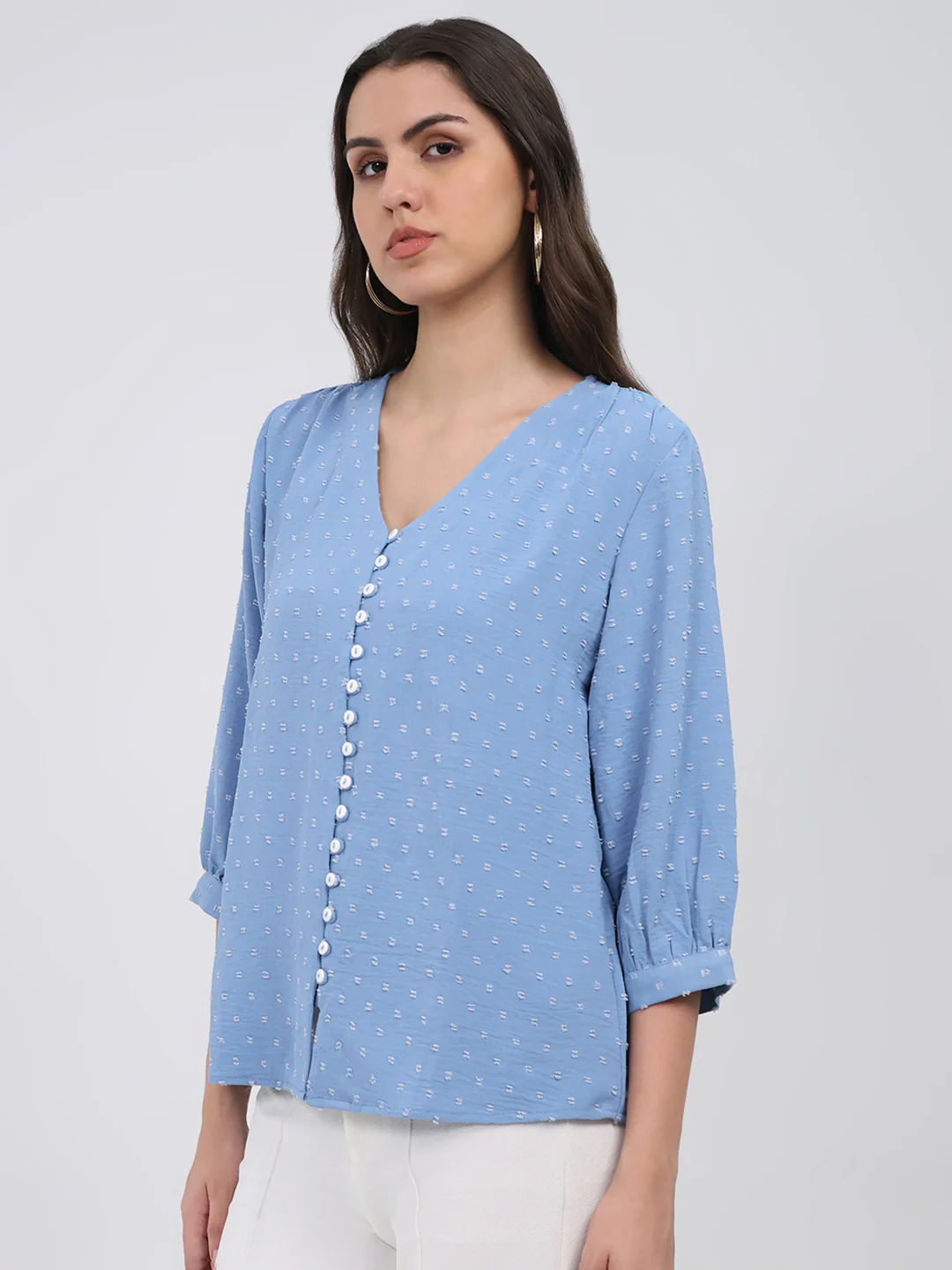 Women Blue Printed Front Open 3/4th Sleeve Winter Top - Image 3