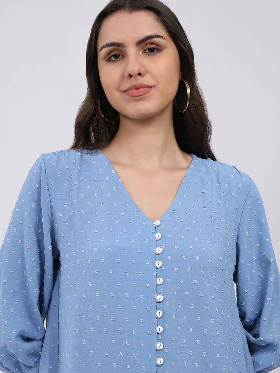 Women Blue Printed Front Open 3/4th Sleeve Winter Top - Image 6