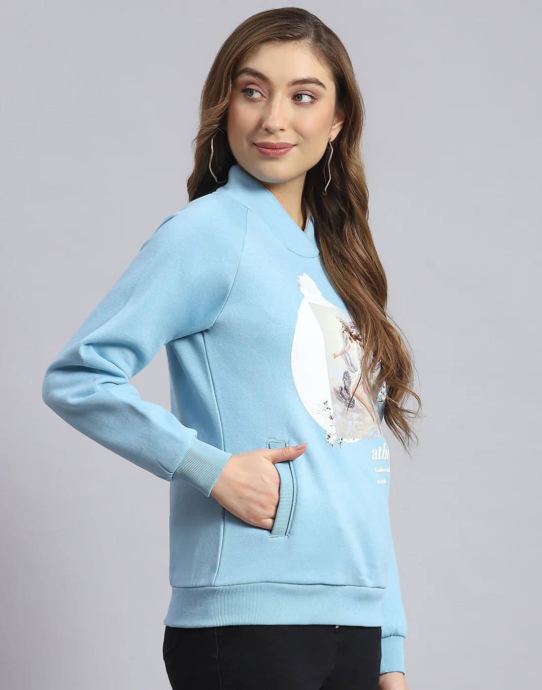 Women Blue Printed H Neck Full Sleeve Sweatshirt - Image 5