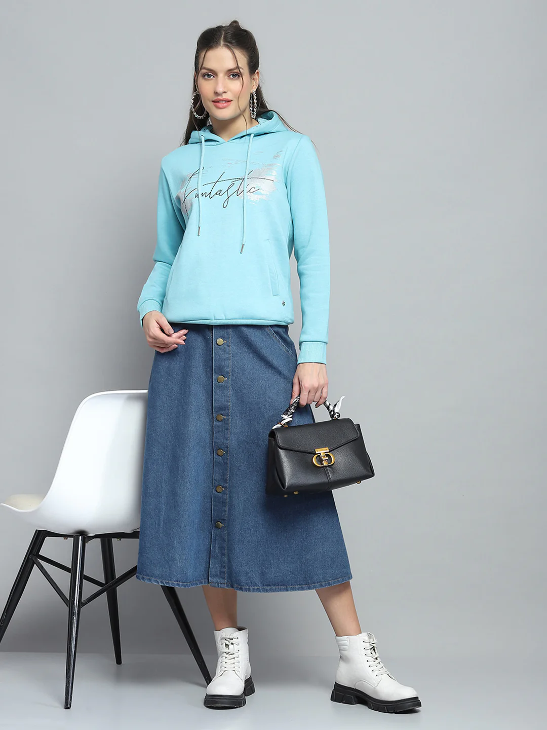 Women Blue Printed Hooded Full Sleeve Sweatshirt - Image 2