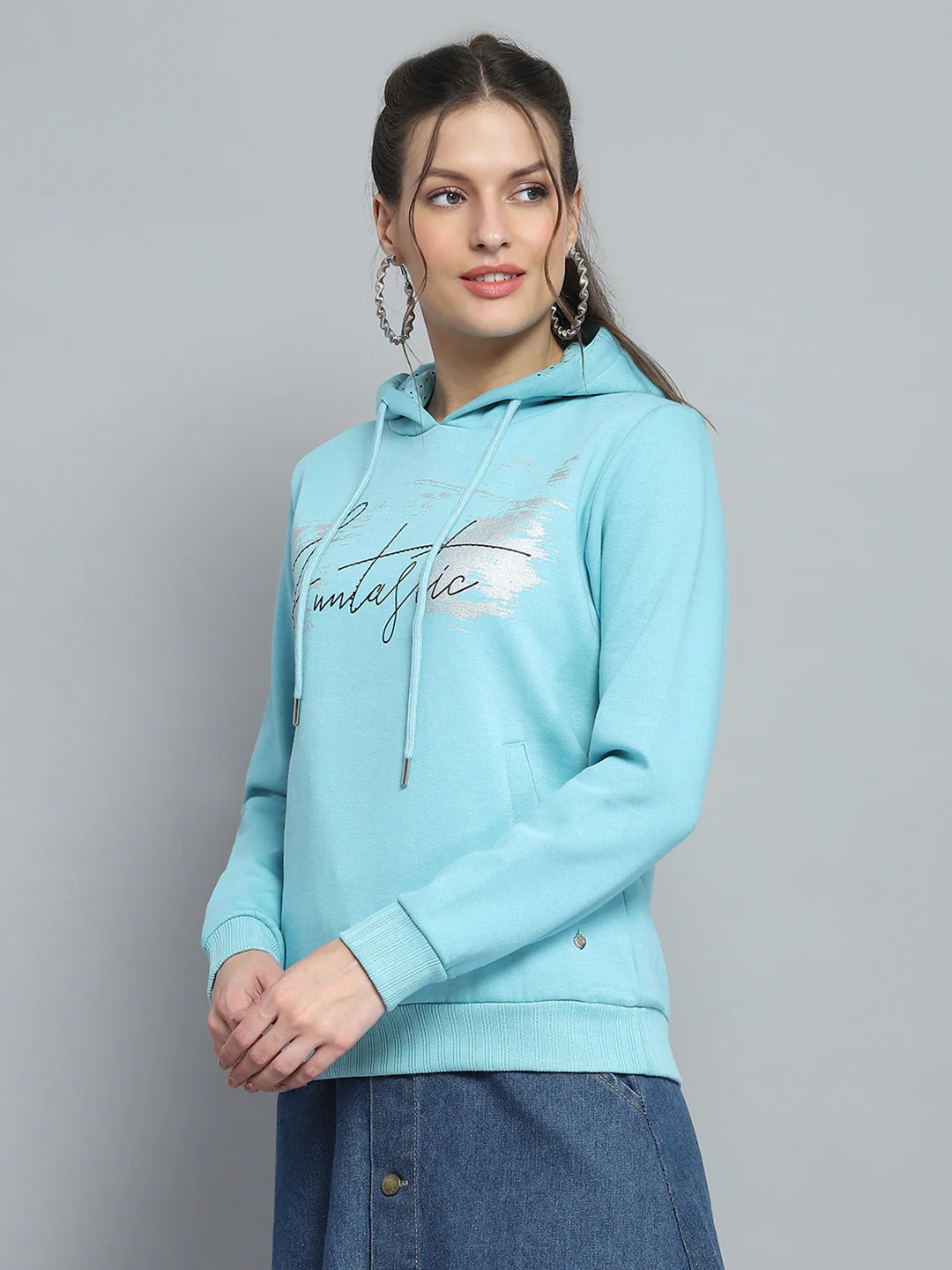 Women Blue Printed Hooded Full Sleeve Sweatshirt - Image 3
