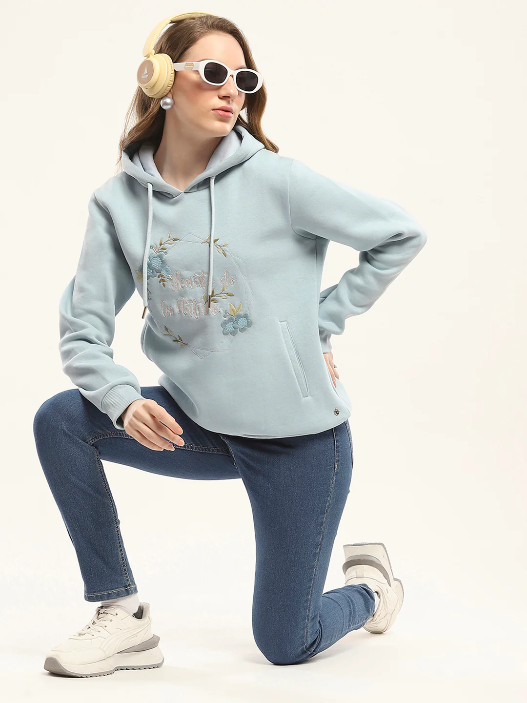 Women Blue Printed Hooded Full Sleeve Sweatshirt - Image 2