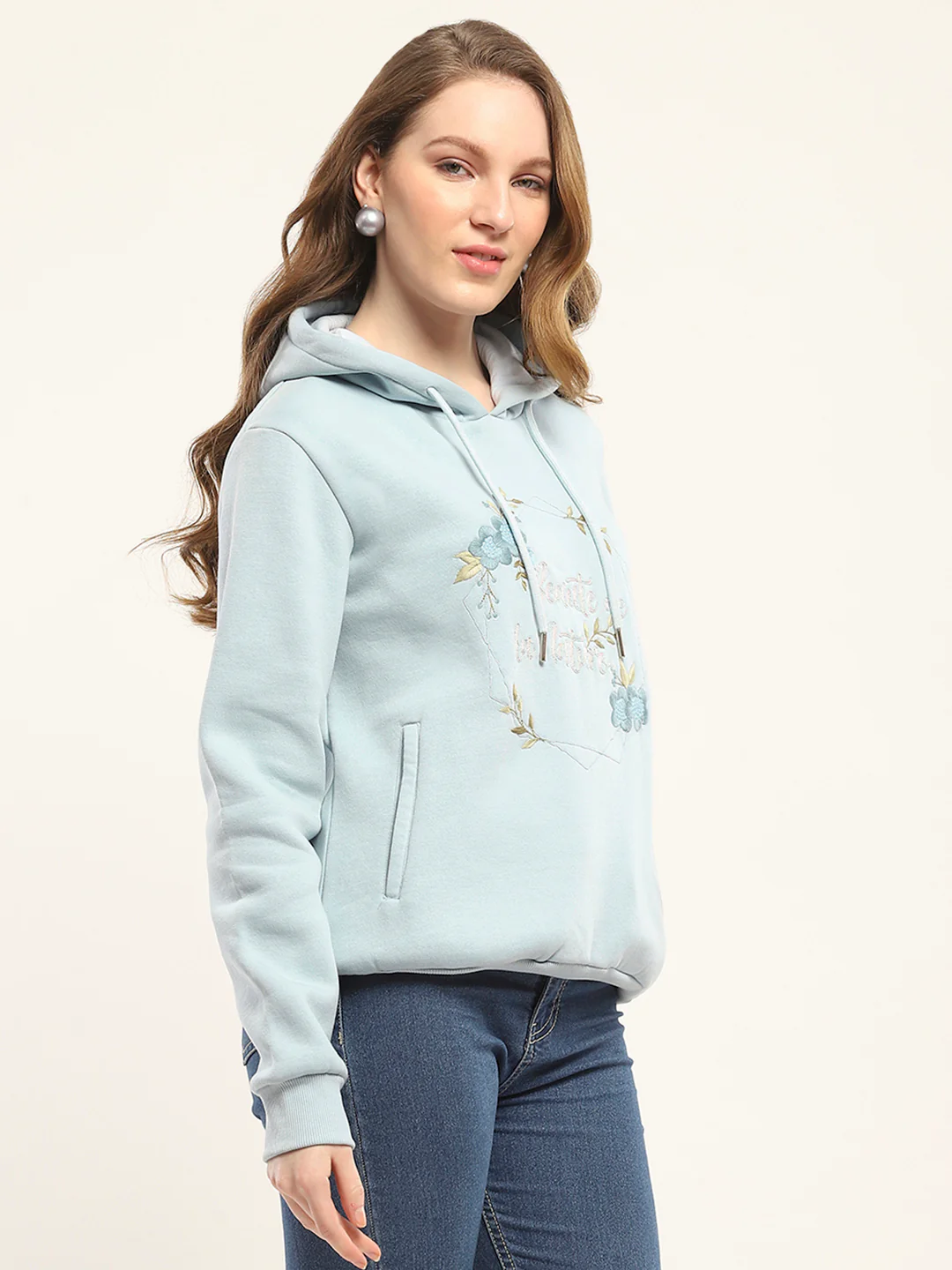 Women Blue Printed Hooded Full Sleeve Sweatshirt - Image 4