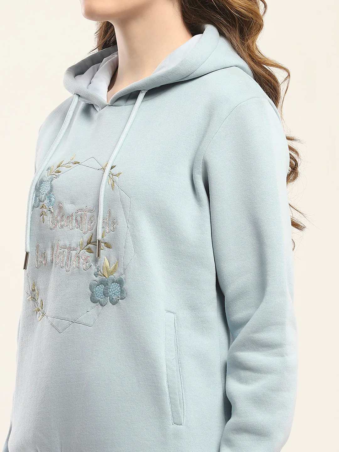 Women Blue Printed Hooded Full Sleeve Sweatshirt - Image 7