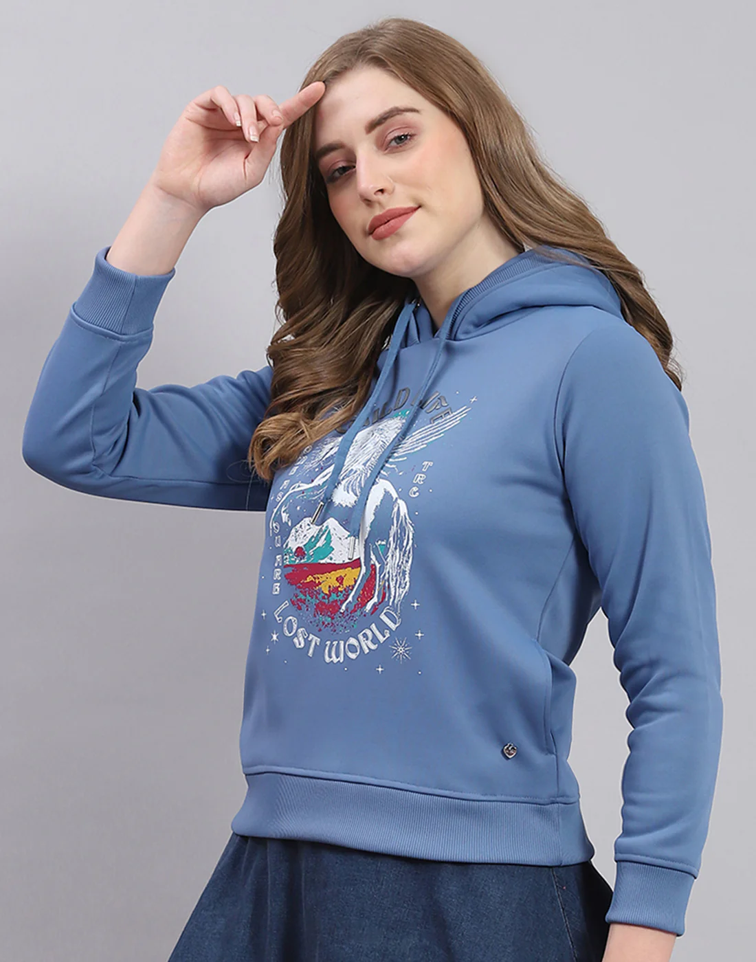 Women Blue Printed Hooded Full Sleeve Sweatshirt - Image 3