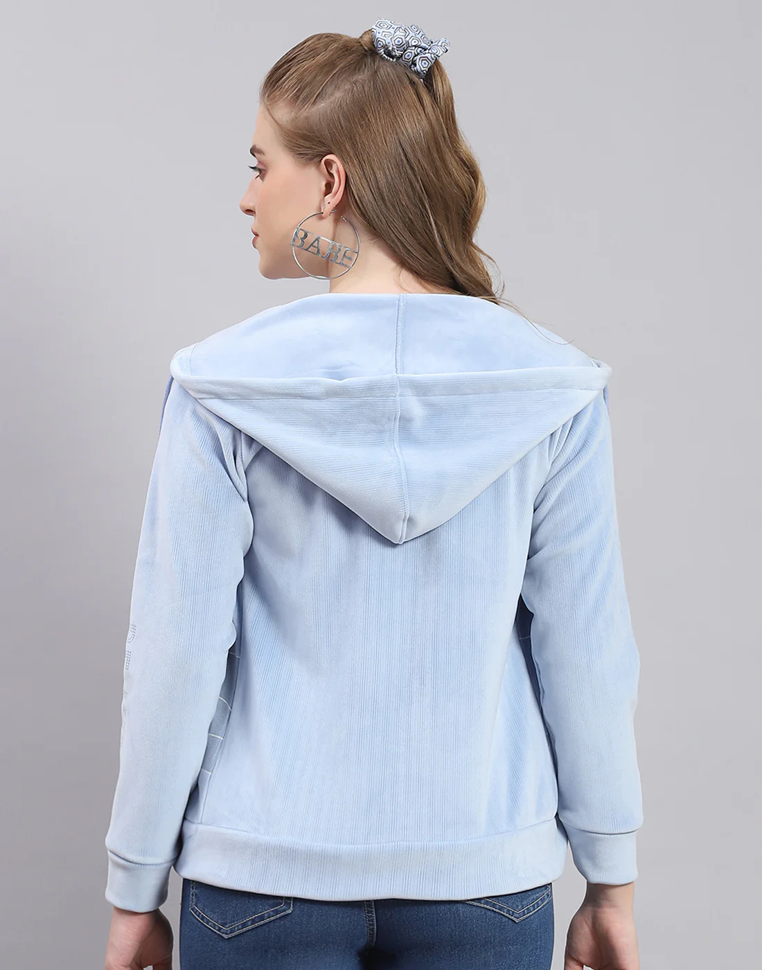 Women Blue Printed Hooded Full Sleeve Sweatshirt - Image 5