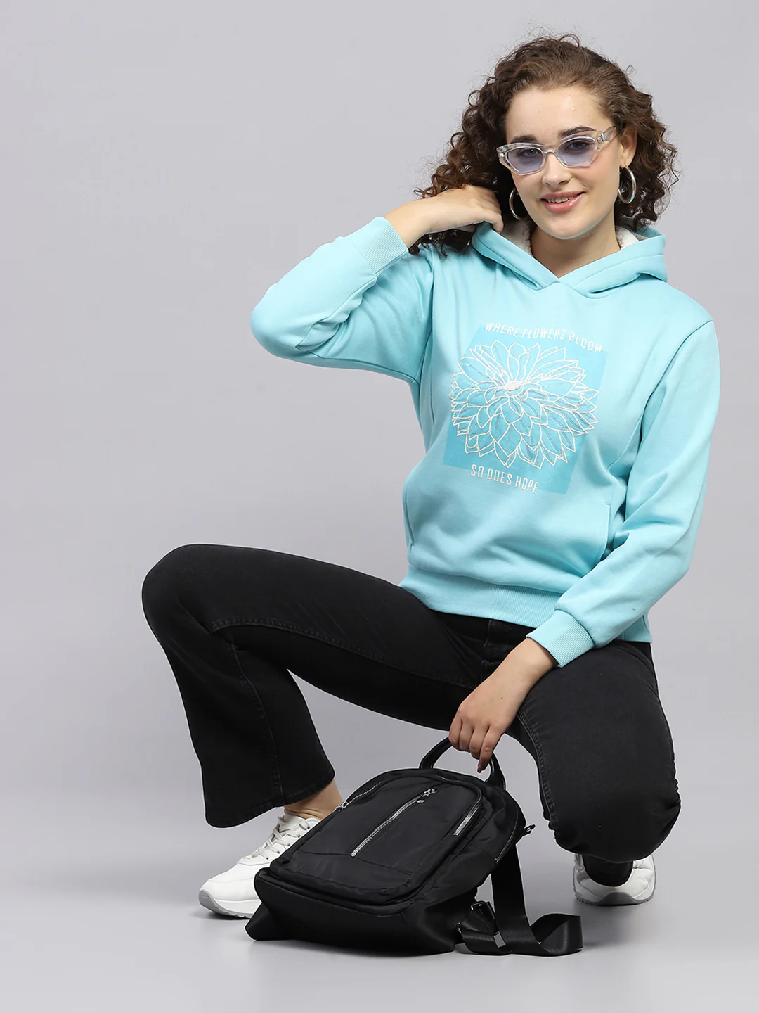 Women Blue Printed Hooded Full Sleeve Sweatshirt - Image 2