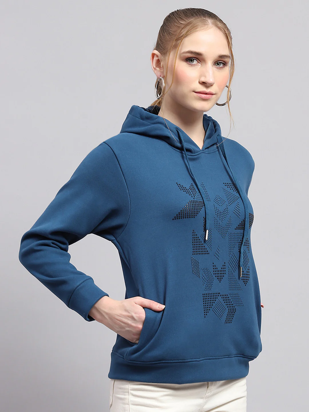 Women Blue Printed Hooded Full Sleeve Sweatshirt - Image 4