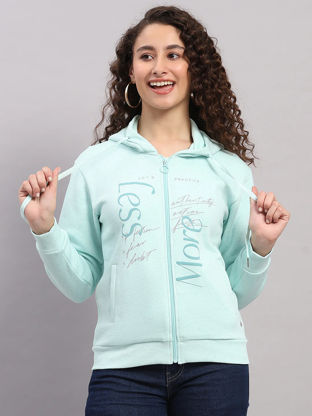 Women Blue Printed Hooded Full Sleeve Sweatshirt
