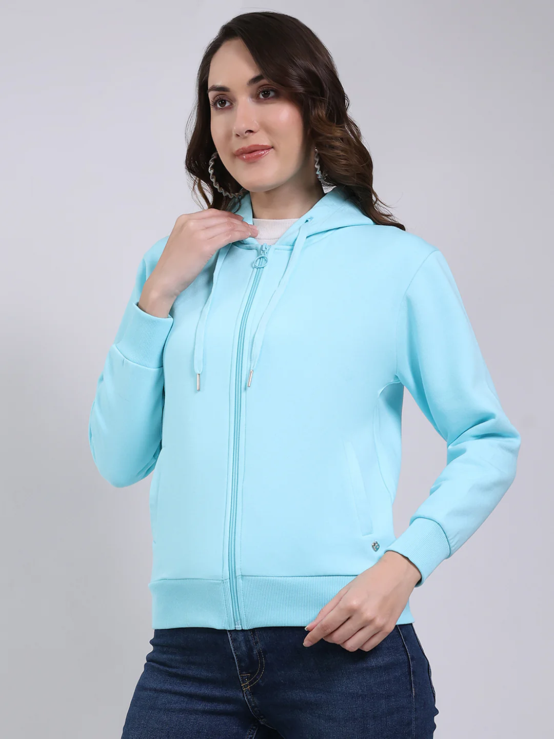 Women Blue Printed Hooded Full Sleeve Sweatshirt - Image 3