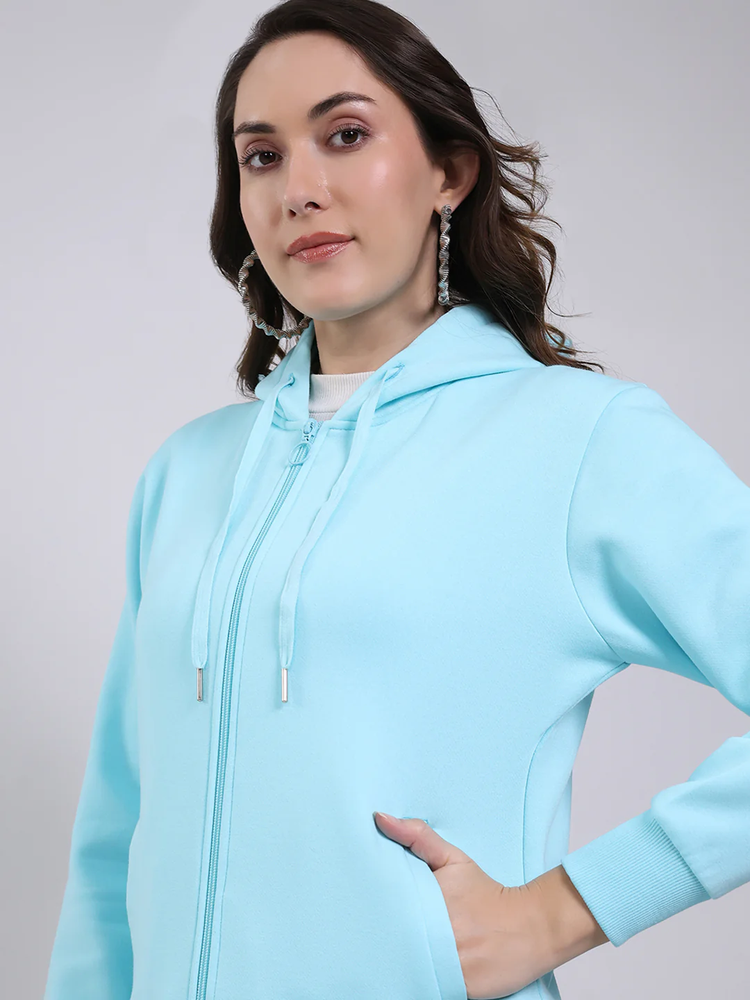 Women Blue Printed Hooded Full Sleeve Sweatshirt - Image 6