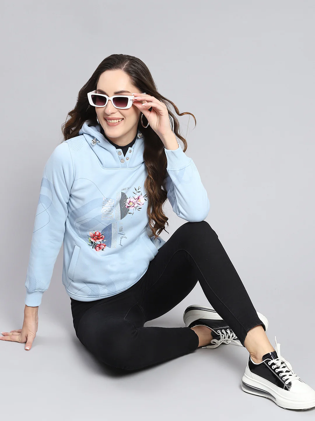 Women Blue Printed Hooded Full Sleeve Sweatshirts - Image 2