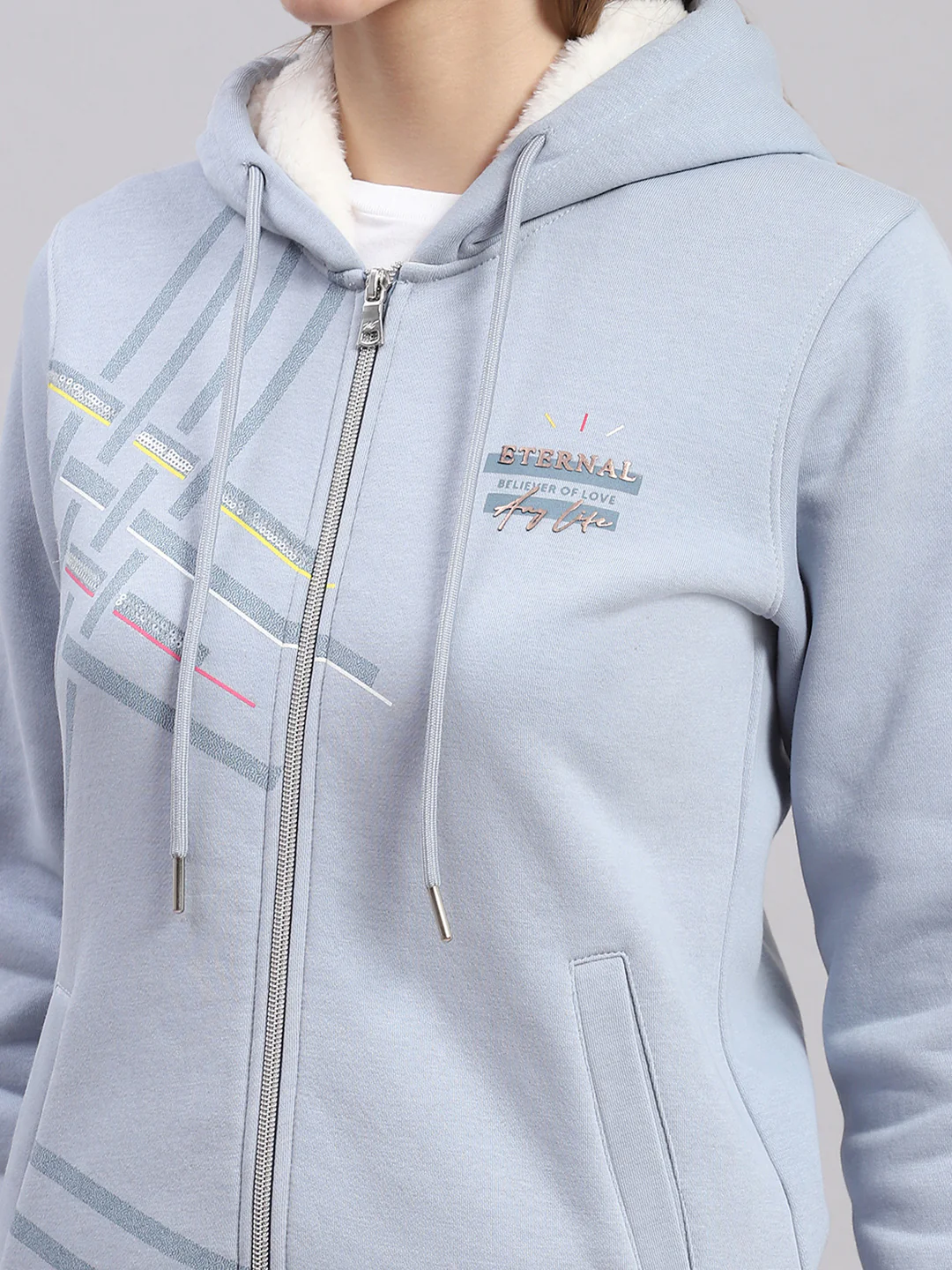 Women Blue Printed Hooded Full Sleeve Sweatshirts - Image 6