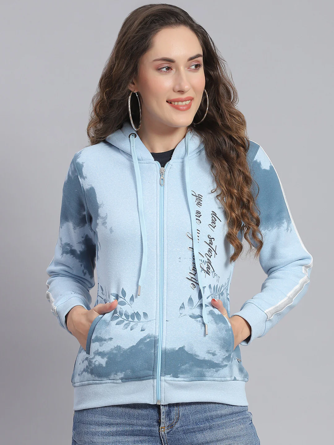 Women Blue Printed Hooded Full Sleeve Sweatshirts - Image 2