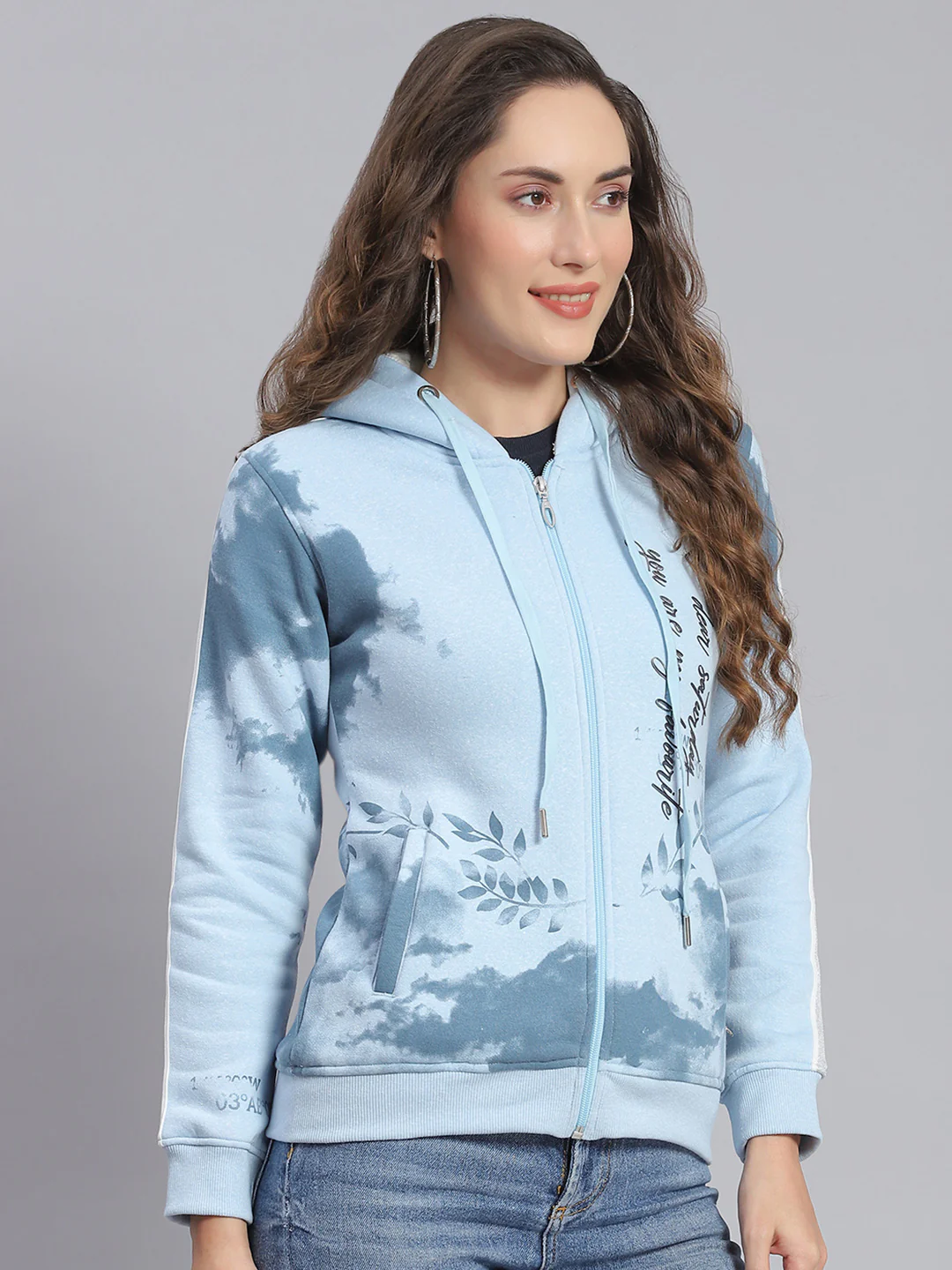 Women Blue Printed Hooded Full Sleeve Sweatshirts - Image 4