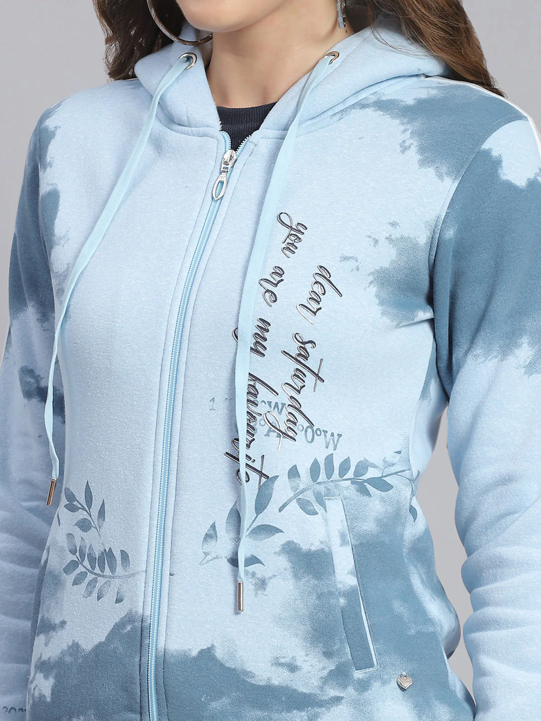 Women Blue Printed Hooded Full Sleeve Sweatshirts - Image 6