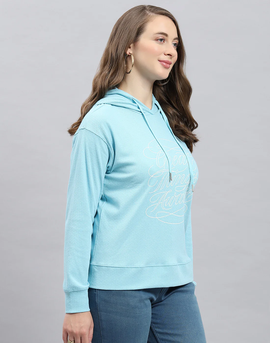 Women Blue Printed Hooded Full Sleeve Winter Top - Image 4