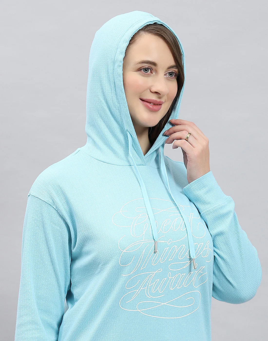 Women Blue Printed Hooded Full Sleeve Winter Top - Image 7