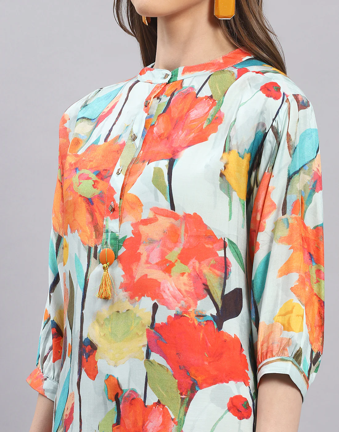 Women Blue Printed Mandarin Collar Half Sleeve Tunic - Image 2