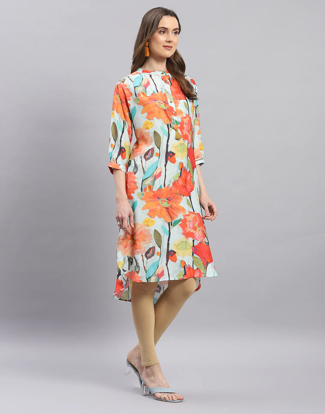 Women Blue Printed Mandarin Collar Half Sleeve Tunic - Image 6