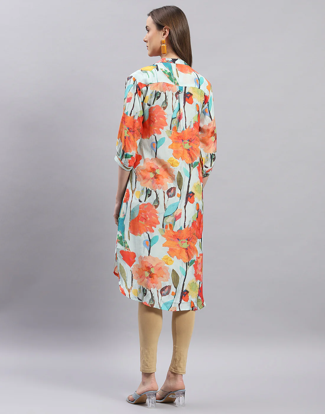 Women Blue Printed Mandarin Collar Half Sleeve Tunic - Image 7
