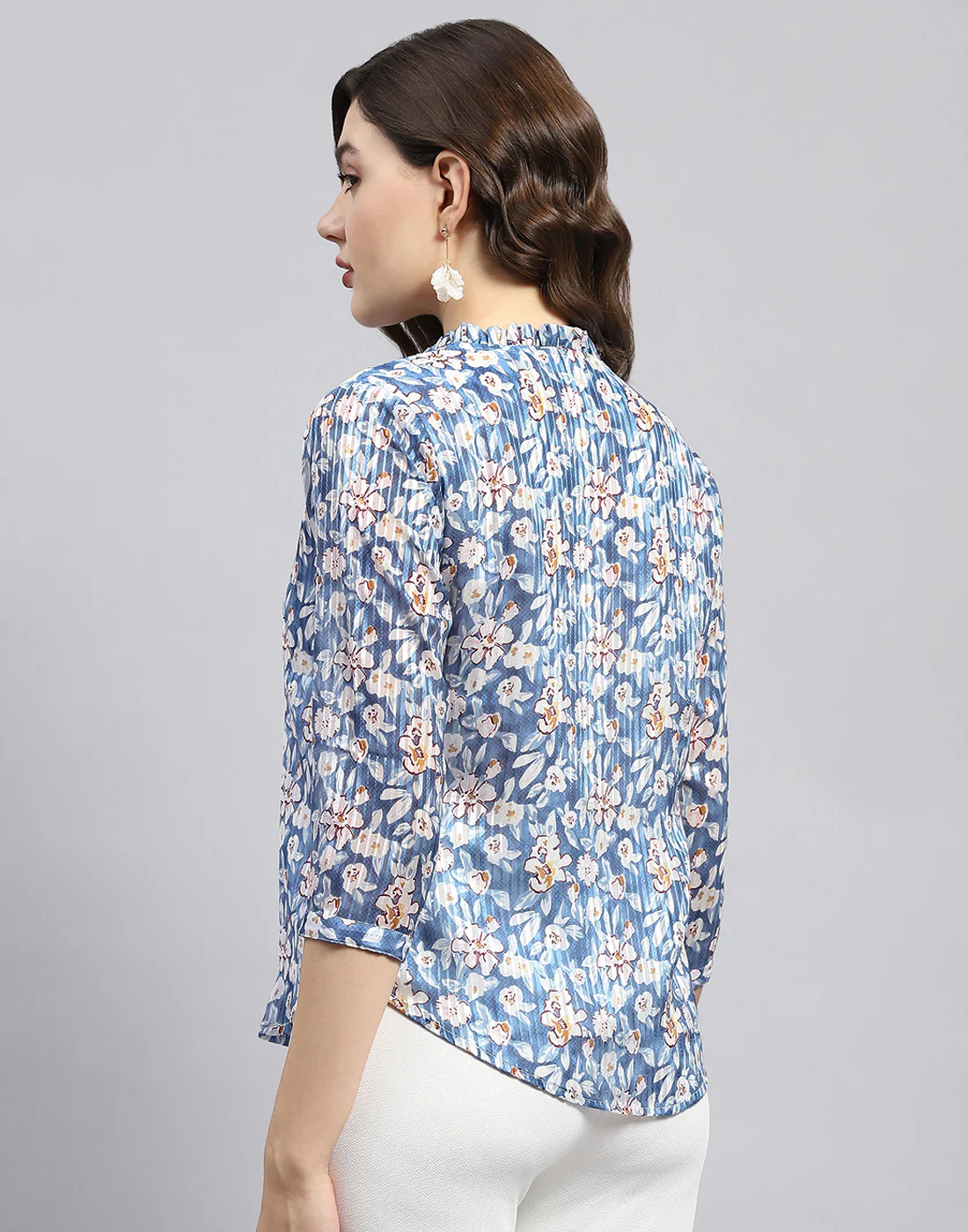 Women Blue Printed Mandarin Neck Half Sleeve Top - Image 5