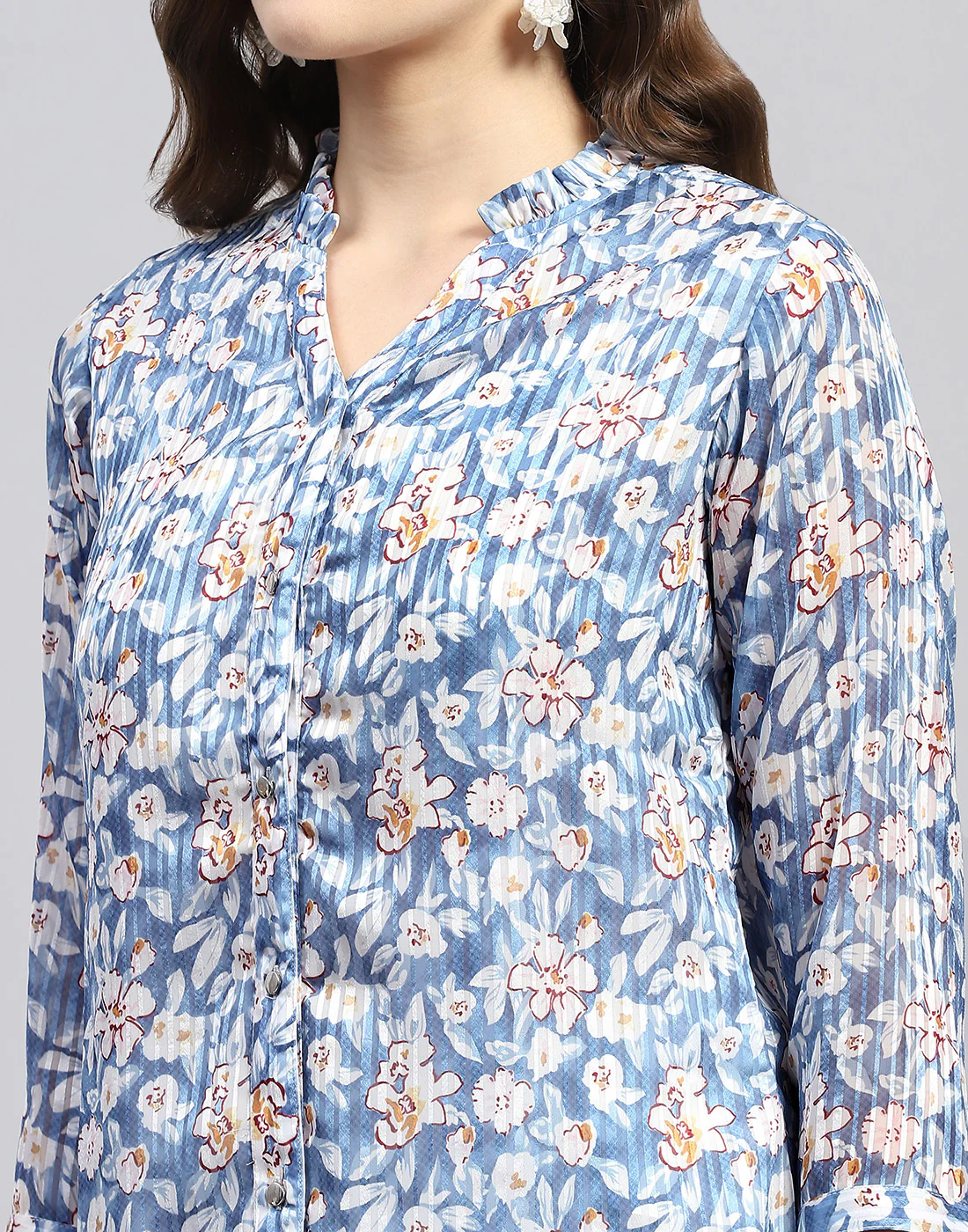Women Blue Printed Mandarin Neck Half Sleeve Top - Image 6