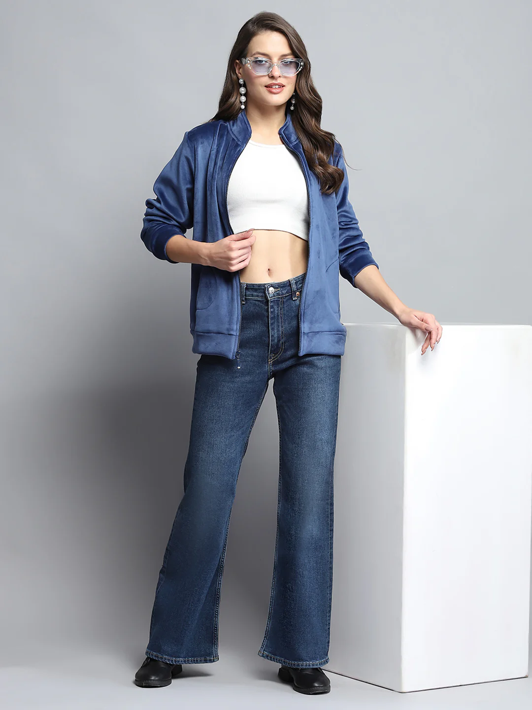 Women Blue Printed Mock Neck Full Sleeve Sweatshirt - Image 2