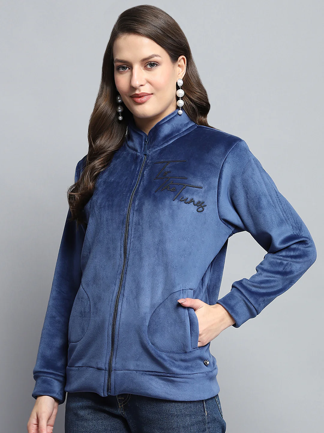 Women Blue Printed Mock Neck Full Sleeve Sweatshirt - Image 3
