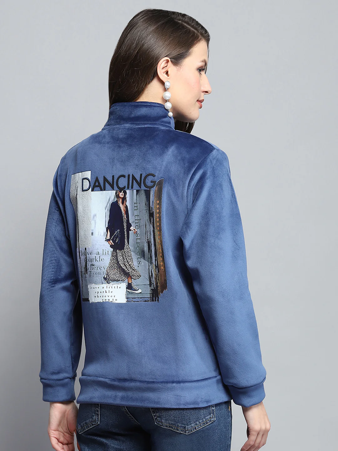 Women Blue Printed Mock Neck Full Sleeve Sweatshirt - Image 5