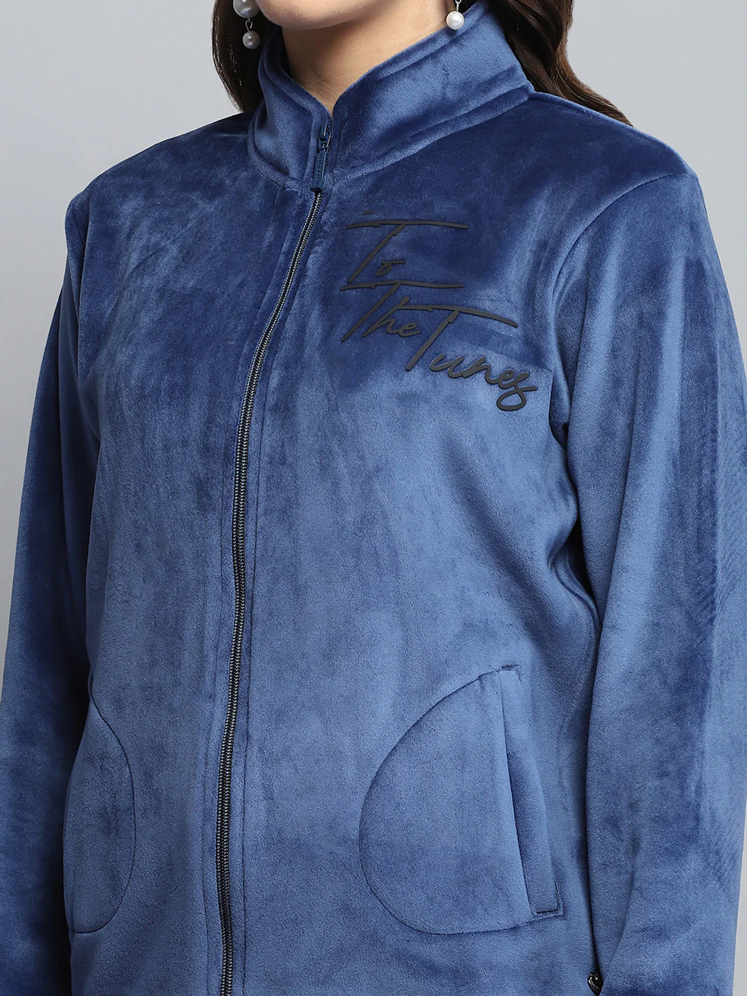 Women Blue Printed Mock Neck Full Sleeve Sweatshirt - Image 6