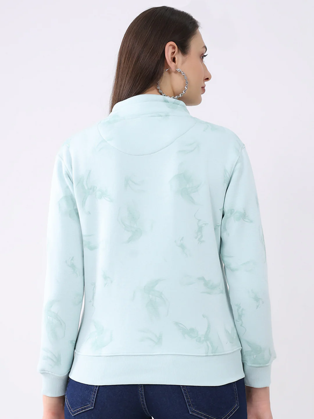 Women Blue Printed Mock Neck Full Sleeve Sweatshirt - Image 5