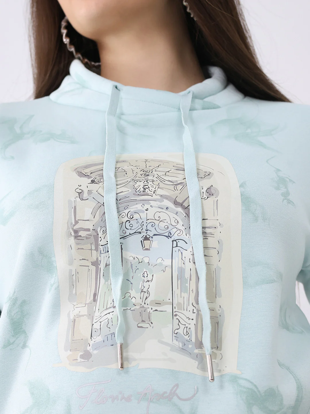 Women Blue Printed Mock Neck Full Sleeve Sweatshirt - Image 7