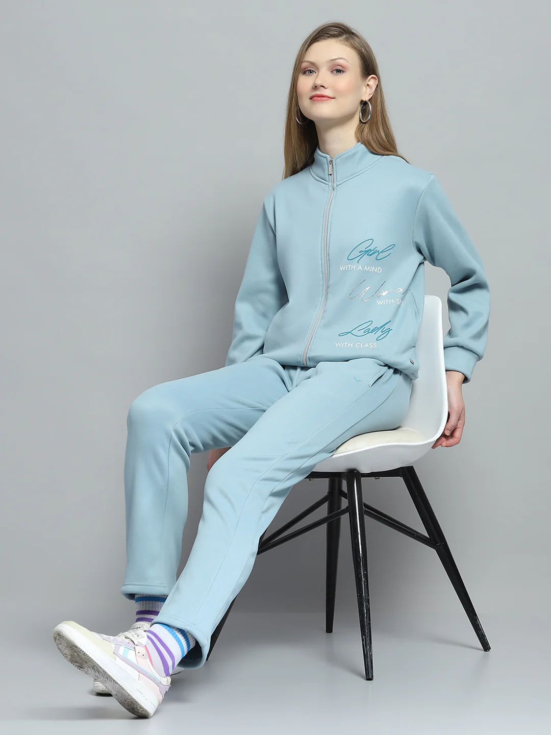 Women Blue Printed Mock Neck Full Sleeve Tracksuit - Image 2